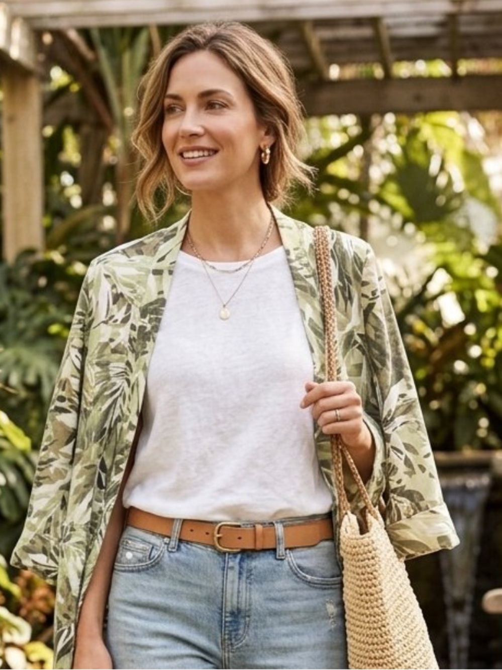 Green Leaf Print Open-Front Jacket - Women's